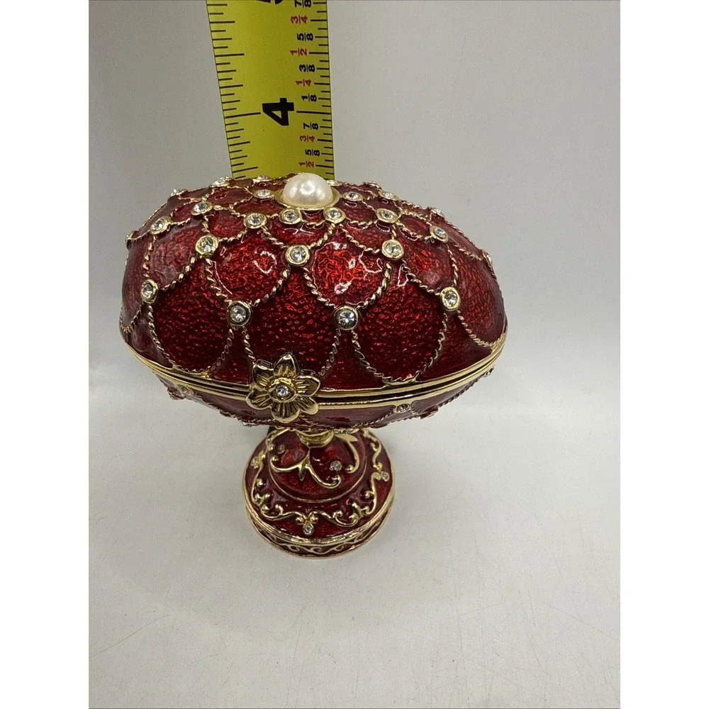 Jeweled Enameled Hinged Red Egg Trinket/Jewerly Box